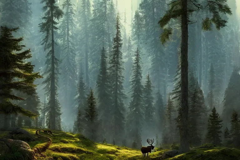 Image similar to a moose in the forest, beautiful dynamic lighting, cinematic, wide angle establishing shot, extremely high detail, photo realistic, cinematic lighting, post processed, concept art, artstation, matte painting, style by frederic church, raphael lacoste