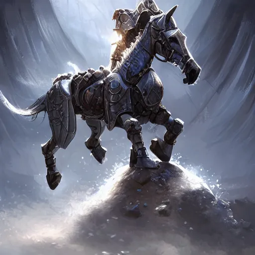 Image similar to Anthropomorphized cybernetic horse in battle armour, D&D, fantasy, cinematic lighting, highly detailed, digital painting, artstation, concept art, smooth, sharp focus, illustration, warm light, cozy warm tint, magic the gathering artwork, volumetric lighting, 8k, no gold, no gold colours, art by Akihiko Yoshida, Greg Rutkowski