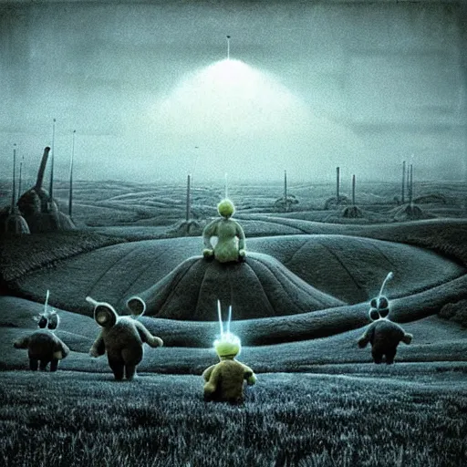 Image similar to teletubbies, Mordor-like, Beksinski style, bloody environment