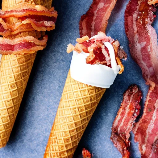 Image similar to a detailed photograph of a levitating ice cream cone made of bacon