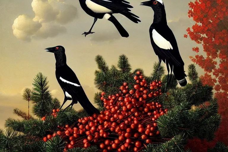 Image similar to a magpie family hosting their magpie relatives on top of a pine tree, in the style of rafał olbinski, intricate and epic composition, red by caravaggio, insanely quality, highly detailed, masterpiece, purple light, artstation, 4 k