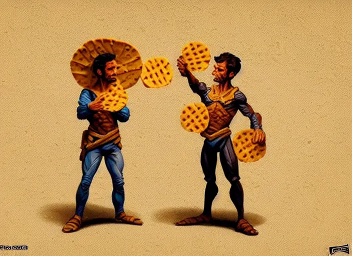 Image similar to two men made out of tortillas, their whole body is a tortilla, they are holding microphones, by marco bucci and frank frazetta, style of magic the gathering, high resolution, fantasy coloring, intricate, digital painting, artstation, smooth, sharp focus