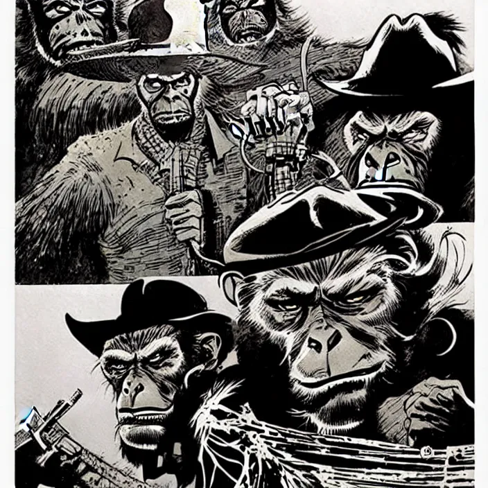 Image similar to sergio toppi art style, futuristic cowboys fighting apes