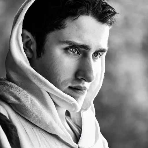 Prompt: professional close - up portrait photograph of a bohemian jewish prophet in his 2 0 s wearing a white hooded wizards robe. cinematic, epic framing, deep emotion. game if thrones character.