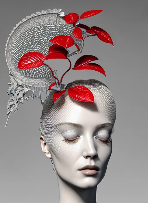 Prompt: complex 3d render ultra detailed of a beautiful porcelain profile woman face, mechanical vegetal cyborg, 150 mm, beautiful studio soft light, rim light, silver gold red details, magnolia big filigran leaves and stems, roots, Alexander Mcqueen haute couture, fine foliage lace, mesh wire, filigran metallic intricate details, hyperrealistic, mandelbrot fractal, anatomical, silver metal armor, facial muscles, cable wires, microchip, elegant, white background, beautiful white teeth, octane render, H.R. Giger style, 8k