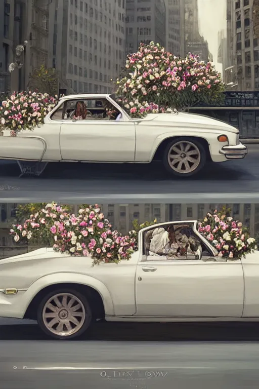 Prompt: ultra realistic illustration, old white vintage car in the new york city with flowers blooming out the window, side view, elegant, highly detailed, digital painting, concept art, smooth, sharp focus, illustration, art by artgerm and greg rutkowski and alphonse mucha