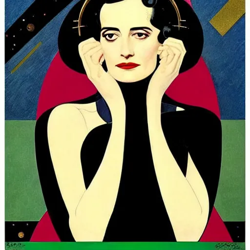 Image similar to Eva Green, Art by Coles Phillips, Gilded outfit, Jet black hair, Green eyes, Portrait of the actress, Eva Green as Space Commander Alpha from the Year 4000, geometric art, poster, no text, Mucha, Kandinsky, carbon blac and antique gold