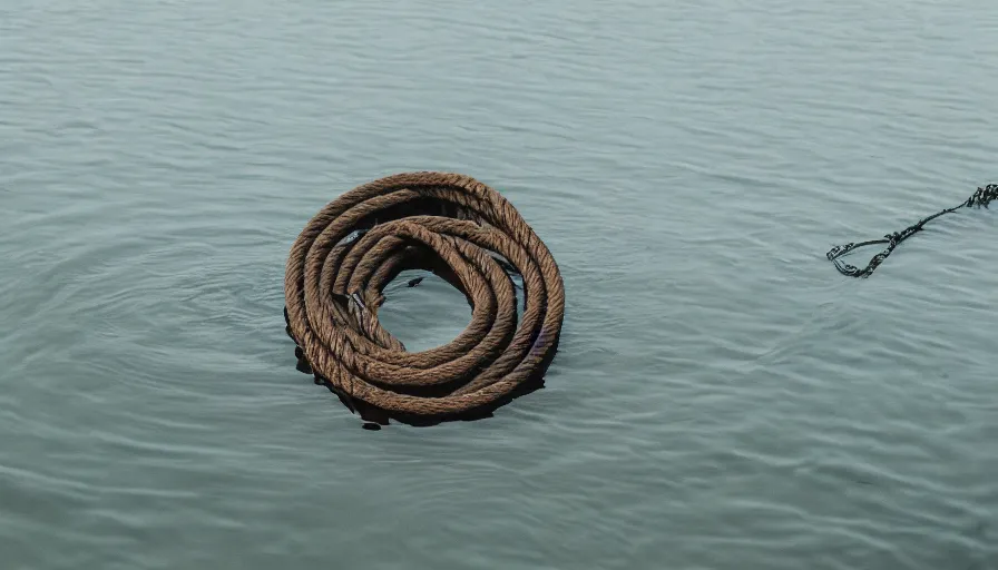 Image similar to photograph of a centered rope floating on the surface of the water, the rope is snaking towards the center of the lake, a dark lake on a cloudy day, anamorphic lens, kodak color film stock