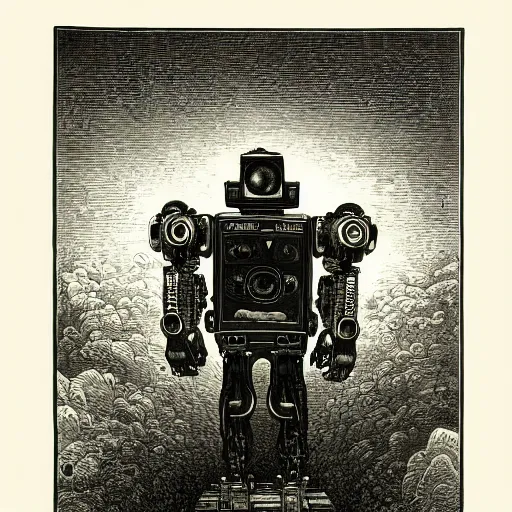 Prompt: TV robot by Gustave Doré