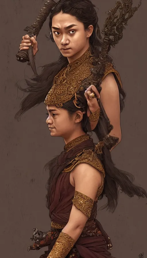 Image similar to ancient javanese arya stark, highly detailed, digital painting, artstation, concept art, smooth, sharp focus, illustration, ArtStation, art by artgerm and greg rutkowski and alphonse mucha and J. C. Leyendecker and Edmund Blair Leighton and Katsuhiro Otomo and Geof Darrow and Phil hale and Ashley wood and Ilya repin and Charlie Bowater