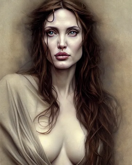 Prompt: Pre-Raphaelite Angelina Jolie by Artgerm and Greg Rutkowski, full body, intricate, elegant, highly detailed, digital painting, pale