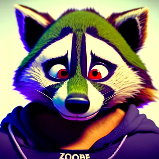 Prompt: a stoner with a black hoodie on with a marijuana themed dark green raccoon head from zootopia, 3 d, blender 3 d, render, extremely detailed, 8 k, stoned red eyes