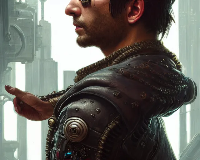 Image similar to highly detailed photorealistic man with a cyberpunk leather jacket, deep focus, d & d, fantasy, intricate, elegant, highly detailed, digital painting, artstation, concept art, matte, sharp focus, illustration, hearthstone, art by artgerm and greg rutkowski and alphonse mucha