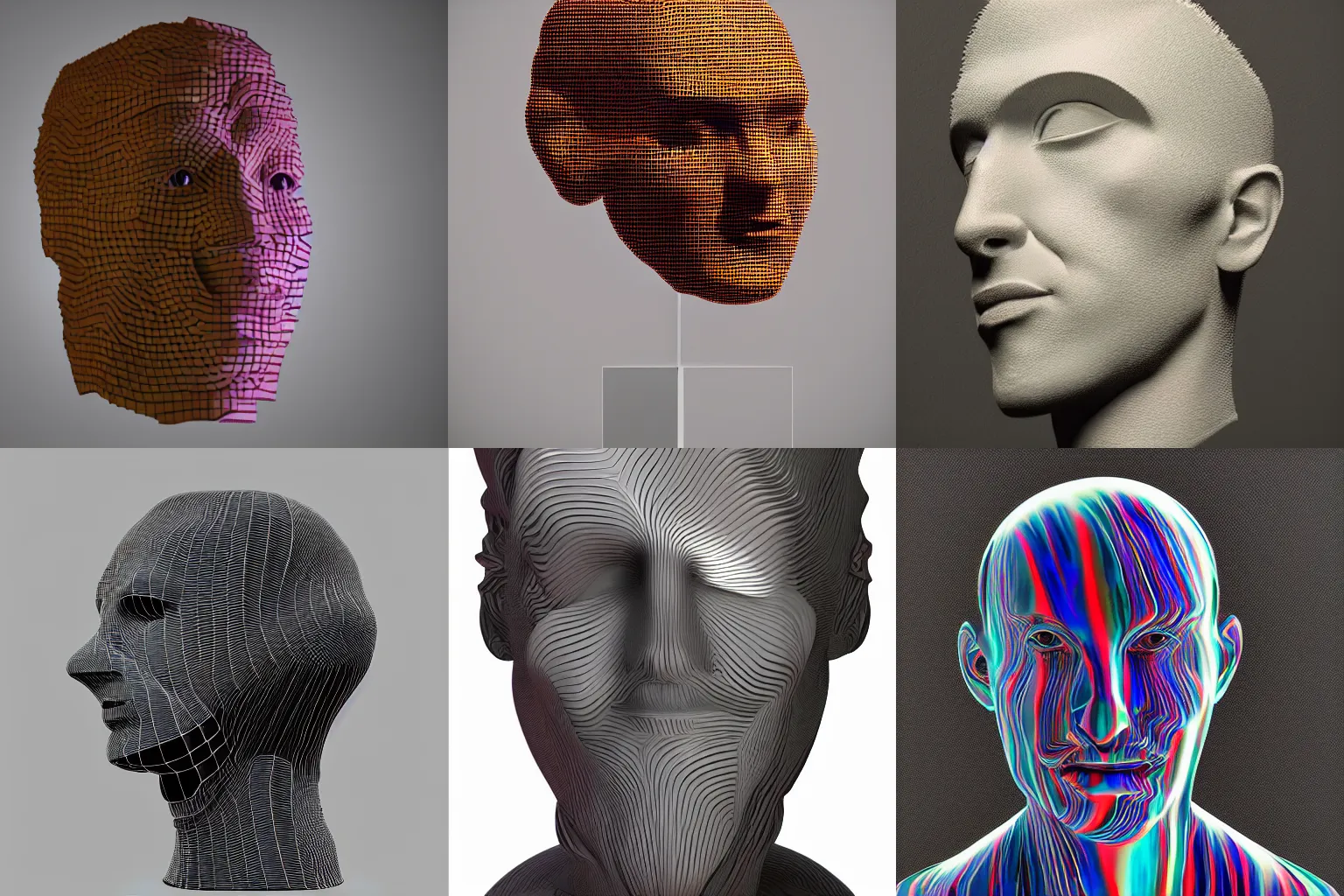 Prompt: 4D sculpture of a human head, abstract, glitch, dynamic light