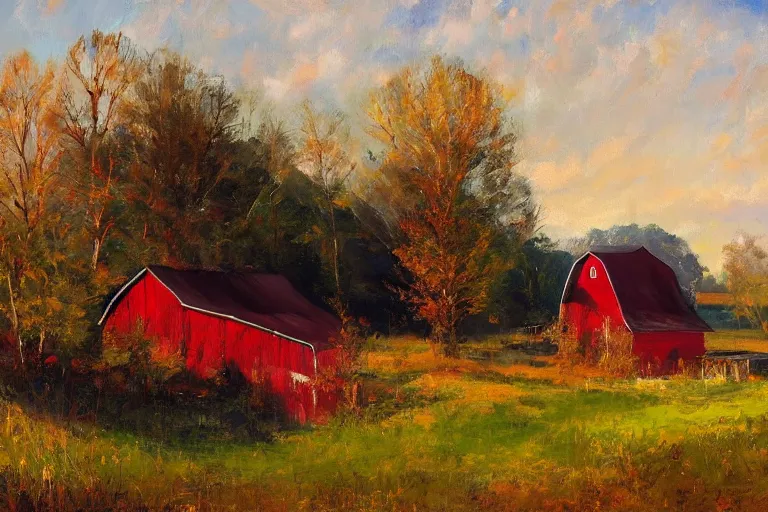 Prompt: a wide lansdcape with an old barn in rural usa by norman bluhm and antoine blanchard, impressionism, oil on canvas, gold and red color scheme, warm light, artstation, masterpiece 4 k