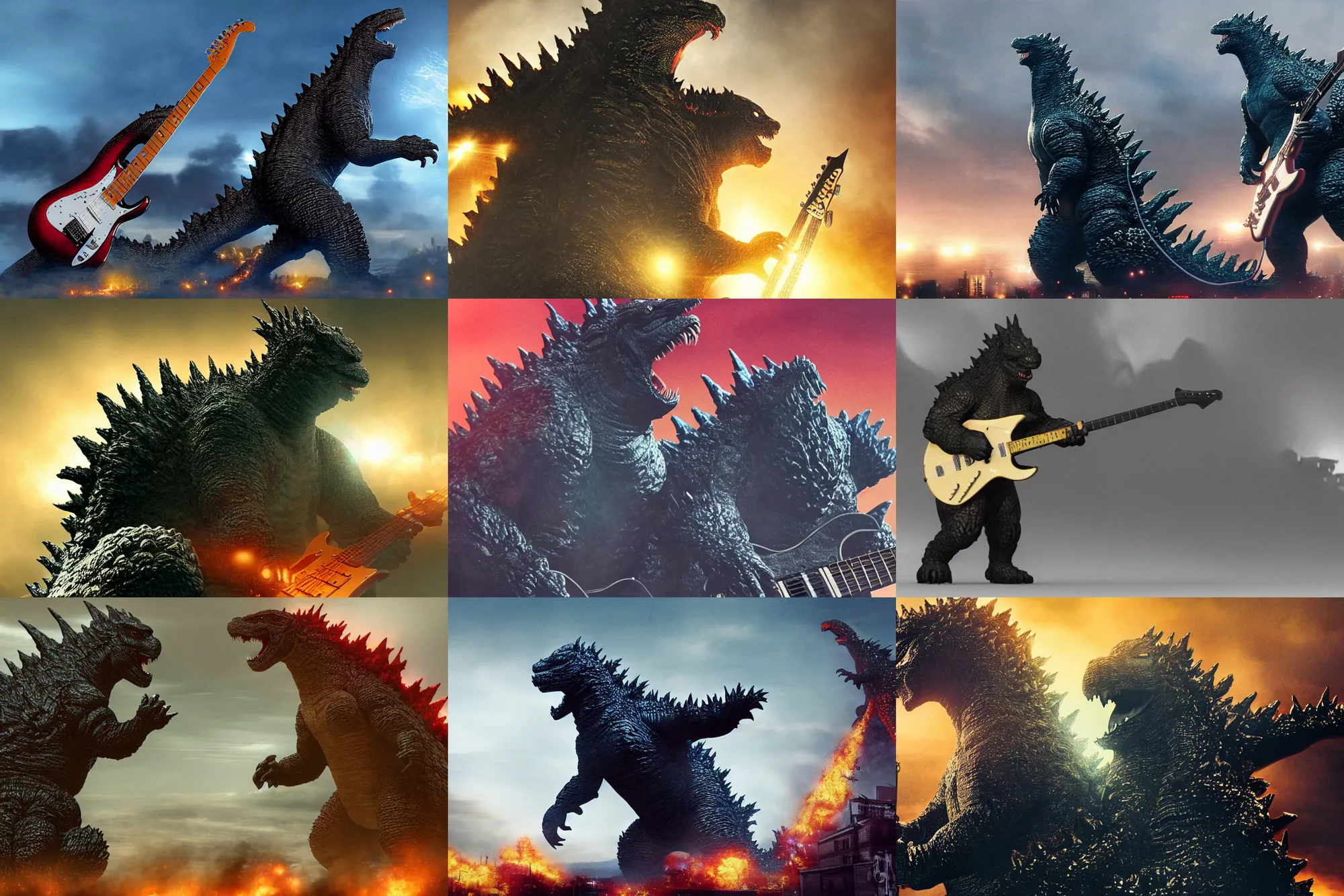 Prompt: a high quality photo of Godzilla playing electric guitar, render, ultra realistic, cgsociety