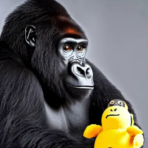 Image similar to a gorilla is a space suit traveling to outer space with his banana friend