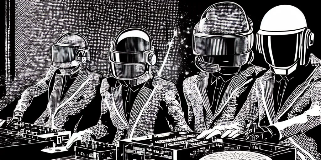 Image similar to intricate detailed artwork of Daft Punk using dj controller at an underground warehouse rave in Ibiza playing techno house music, thousands beautiful gorgeous girls dancing in bikini, in the style of Moebius, wires, speakers, black and white ink, some ink drips