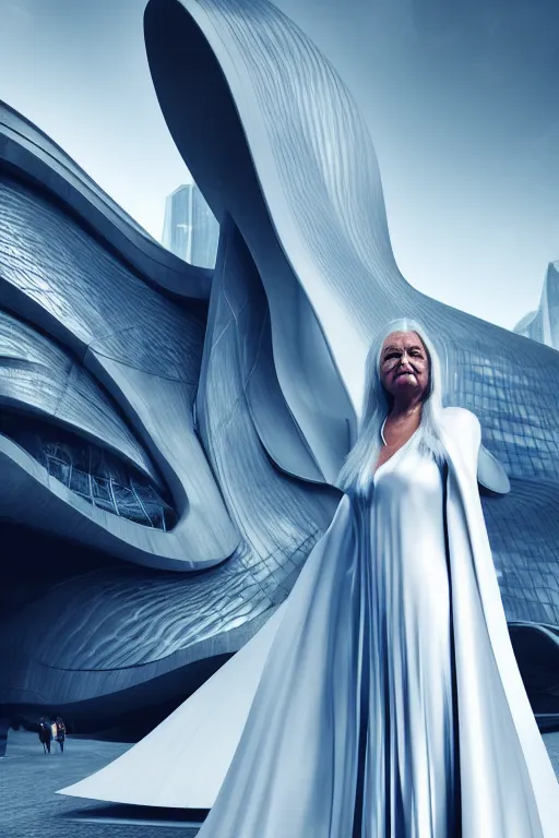 Image similar to a futuristic scene with an log silver haired beautiful woman in a white flowing dress, in front of a zaha hadid building, cinematic matte painting, extreme detail photo quality, dark moody colors, featured on behance