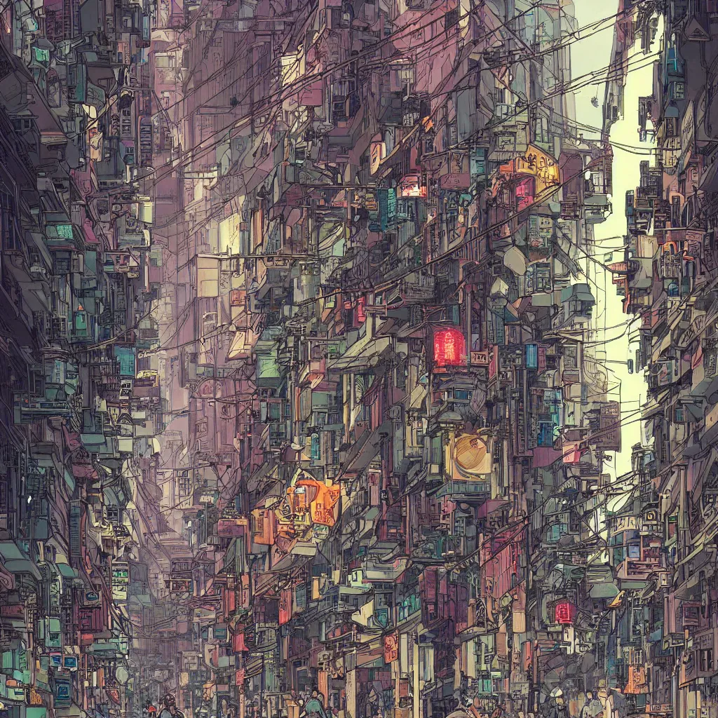 Image similar to a cyberpunk hong kong alley with robots and humans walking around by moebius