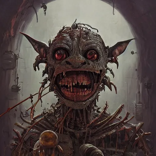 Prompt: ragged cyborg goblin with maniacal expression and bulging eyes inside byzantine hong kong hoarder labaratory, portrait by by greg rutkowski and h. r. giger and stalenhag and deak ferrand, studio ghibli composition