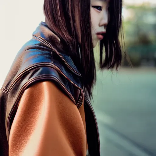 Image similar to a perfect HD photo of close-up japanese young woman wearing leather jacket, instagram, behance, kodak portra