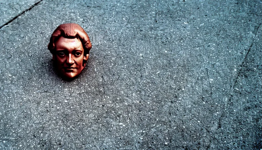 Image similar to 1 9 7 0 s movie still of the head of robespierre on the pavement, cinestill 8 0 0 t 3 5 mm, high quality, heavy grain, high detail, cinematic composition, dramatic light, anamorphic, ultra wide lens, hyperrealistic