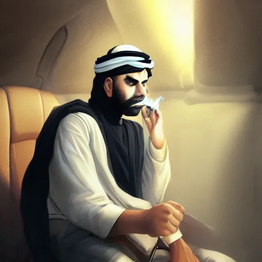 Image similar to arab man traditional outfit smoking inside a car, highly detailed, elegant, sharp focus, anime, digital art, in the style of greg rutkowski and craig mullins 4 k