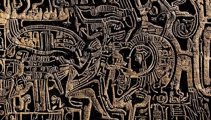 Image similar to h. r. giger hieroglyphs, hieroglyphs showing aliens and planet, sorrow intense likely, gold plate, sense of decay given, throw into the abyssal despair, various refining techniques, micro macro auto focus, top photography photo art gallery, realistic photo, insane detail