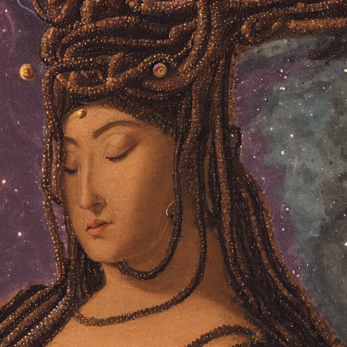 Prompt: a closeup portrait of an eel goddess, in a nebula, early netherlandish painting,