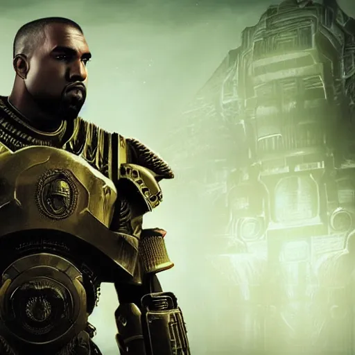 Image similar to Portrait of Kanye West as the emperor of humanity from warhammer 40k in Gears of War, splash art, movie still, cinematic lighting, dramatic, octane render, long lens, shallow depth of field, bokeh, anamorphic lens flare, 8k, hyper detailed, 35mm film grain