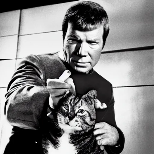 Prompt: captain kirk,played by william shatner, stroking a cat, while plotting the eradication of his enemies. photo. hyper-real