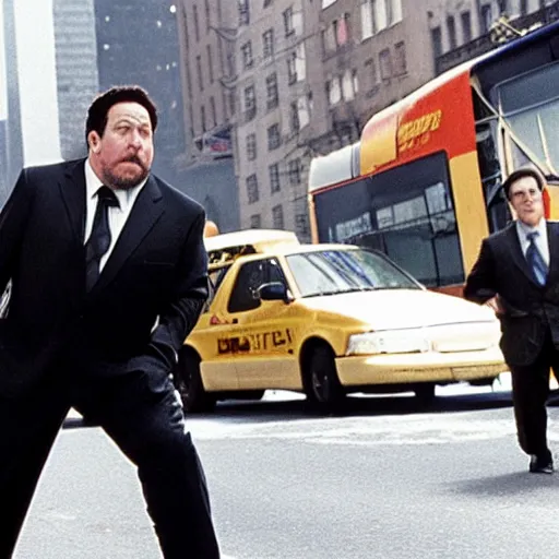 Image similar to clean-shaven Jon Favreau as Happy Hogan wearing a black suit and black necktie fighting a bus in the streets of New York city, cinematic, 33mm film still