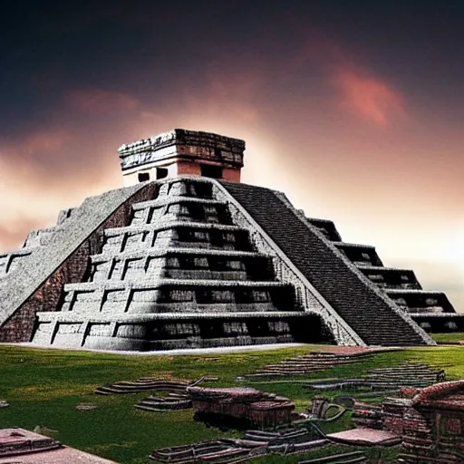 Prompt: Mayan temples merged with cyberpunk futuristic aesthetic 4k highly detailed intricate engravings of esoteric symbols written on the temple