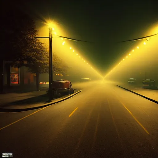 Image similar to A stunningly beautiful award-winning 8K high angle cinematic movie photograph of a dark foggy main intersection in an abandoned 1950s small town at night, by Edward Hopper and David Fincher and Darius Khonji, cinematic lighting, perfect composition, moody low key volumetric light. Color palette from Seven, greens yellows and reds. 2 point perspective, high angle from 15 feet off the ground. Octane render, cgsociety