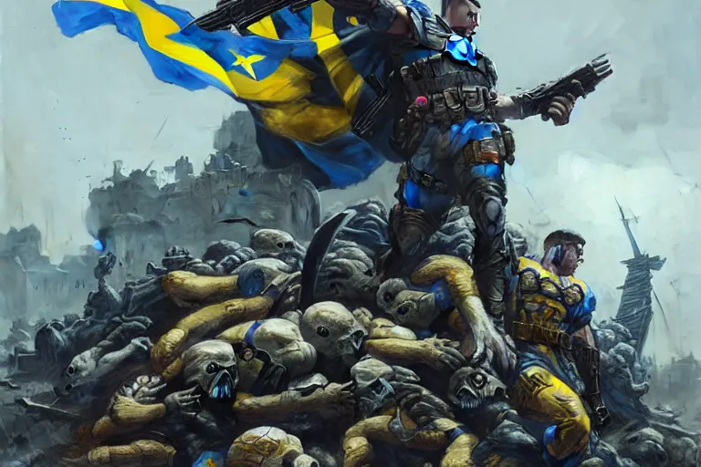 Image similar to A super soldier with Ukrainian blue and yellow flag is standing on a pile of skulls, Call of Duty, marvel, dark, intricate, highly detailed, smooth, artstation, digital illustration by Ruan Jia and Mandy Jurgens and Artgerm and Wayne Barlowe and Greg Rutkowski and Zdislav Beksinski