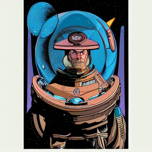 Image similar to moebius and mohrbacher portrait of a retro futuristic space ship captain, detailed illustration, stern look,