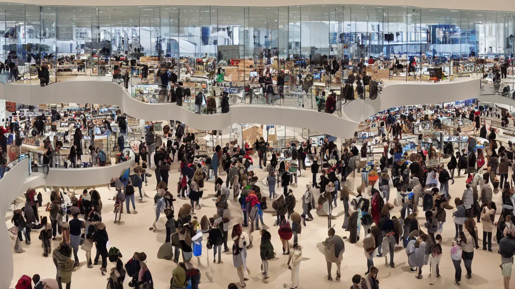 Prompt: A bunch of people shopping and buying products in the interior of an Apple Store, in the style of a Where\'s Waldo image by Martin Handford, cartoon, ultra-wide shot