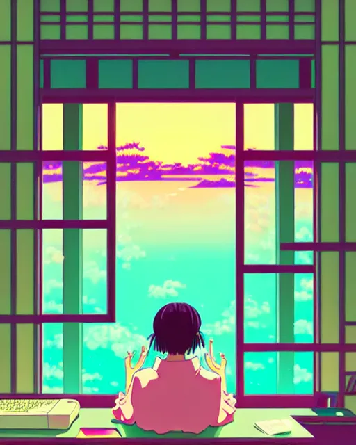 Prompt: detailed aesthetic vaporwave illustration of a lofi girl sitting in her studio studying anime digital art award winning scenery cinematic scene sunset in japan by studio ghibli and seerlight