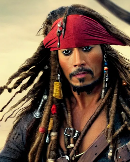 Image similar to Film still close-up shot of Dwayne Johnson as Captain Jack Sparrow from the movie Pirates of the Caribbean. Dwayne The Rock Johnson Photographic, photography