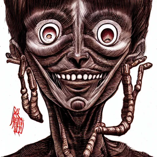 Image similar to a dark brown humanoid, hyper detailed, in the style of junji ito and and junji ito and junji ito, selfie