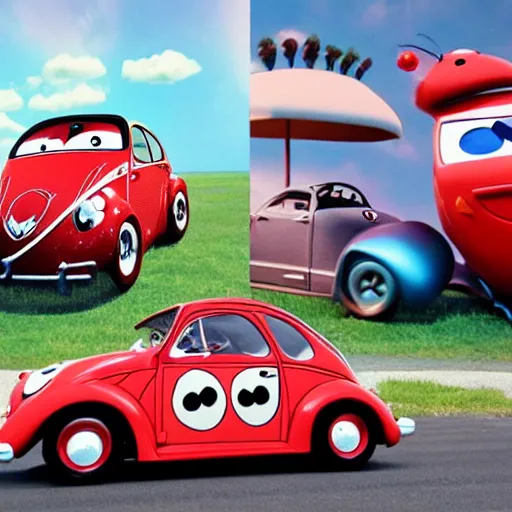 Image similar to a hybrid lady bug and'herbie the love bug'race car. it's a nice night at the drive - in diner. imax, 7 0 mm, movie still