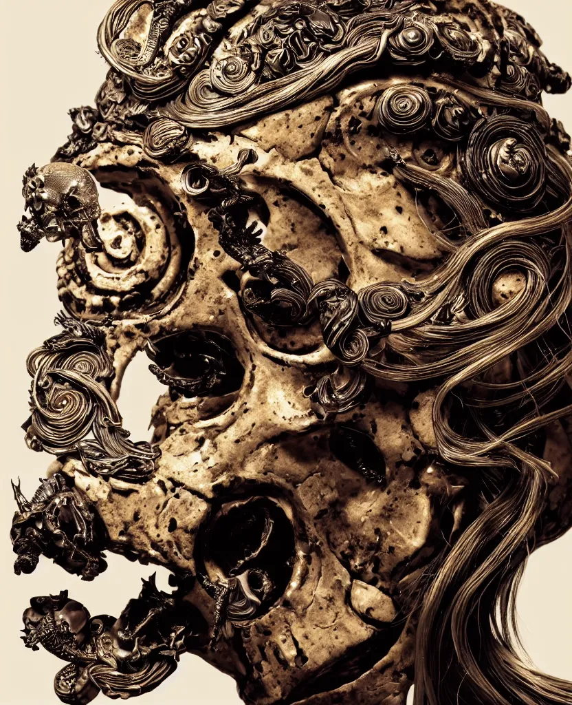 Image similar to goddess princess face close-up portrait ram skull. sculpture made of black clay and gold. jellyfish phoenix head, nautilus, orchid, skull, betta fish, bioluminiscent creatures, intricate artwork by Tooth Wu and wlop and beeple. octane render, trending on artstation, greg rutkowski very coherent symmetrical artwork. cinematic, hyper realism, high detail, octane render, 8k