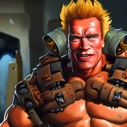 Image similar to a screenshot of arnold schwarzenegger as junkrat in overwatch