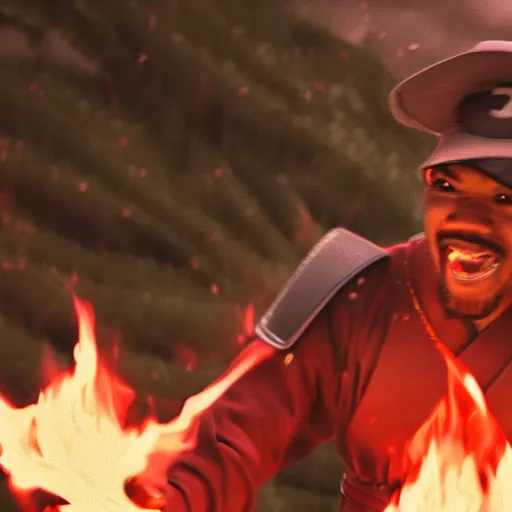 Image similar to cinematic film still of Chance The Rapper starring as a Samurai holding fire, Japanese CGI, VFX, 2022, 40mm lens, shallow depth of field, film photography