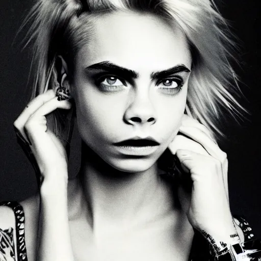 Image similar to photo of a gorgeous 20-year-old Cara Delevingne 1980s punk hairstyle by Mario Testino, detailed, head shot, award winning, Sony a7R -