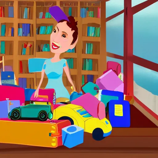 Image similar to a painted cartoonish scene, an open suitcase sits on a table, the open suitcase contains a vast pile of toys, the pile of toys rises all the way to the ceiling, the pile of toys blocks the background, a woman stands next to the table and suitcase, the woman holds more toys