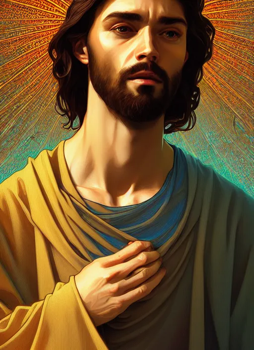 Prompt: handsome jesus, half body shot, path traced, highly detailed, high quality, digital painting, alena aenami, lilia alvarado, shinji aramaki, karol bak, alphonse mucha, tom bagshaw