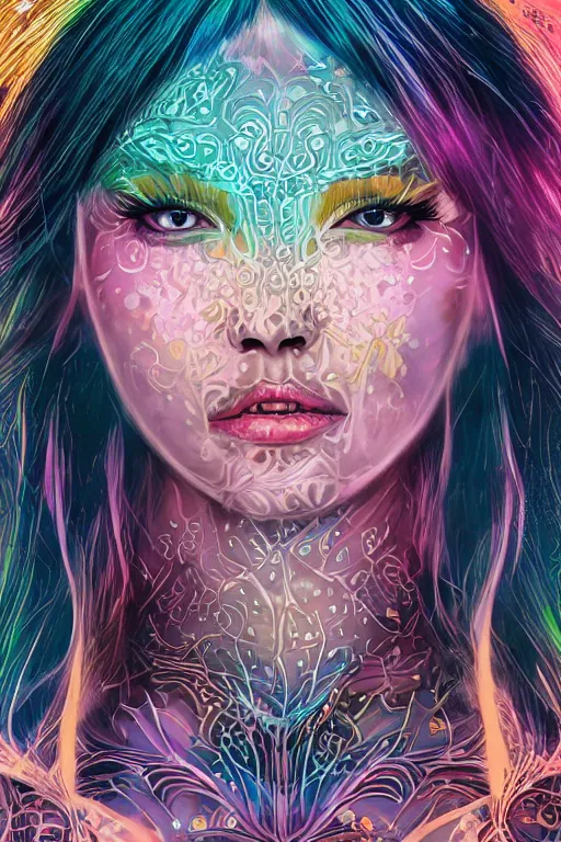 Image similar to An extremely beautiful neon-noir kawaii ornate highly detailed HD portrait of a young attractive woman with a silky bio-luminiscent holographic dress, neo-cyberpunk, professionally painted digital art illustration, smooth, sharp focus, atmospheric lighting, highly detailed illustration highlights, golden ratio, symmetrical facial features, extremely detailed winning award masterpiece, very coherent symmetrical artwork, sense of awe, 8K post-processing, trending on artstation flawless, prismatic highlights, telephoto, depth of field, cinematic, macro, concept art, wepa digital, elegant, epic, octane render, v-ray, C4D