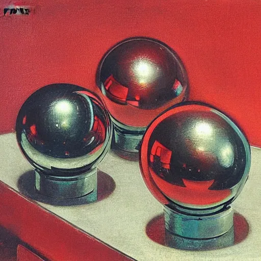 Prompt: chrome spheres on a red cube by adolf hiremy hirschl